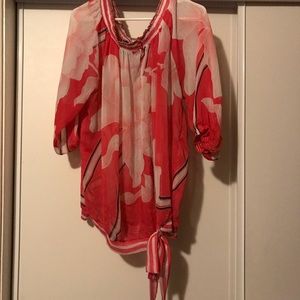 Red, pink, and white floral print sheer blouse